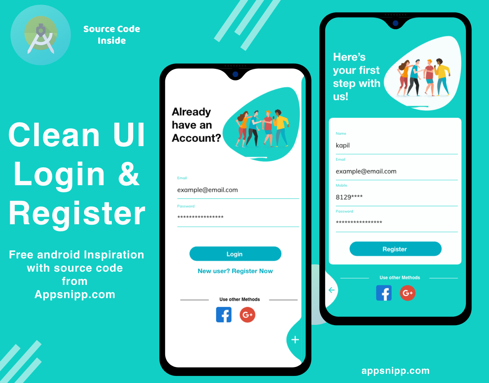 Modern Android Studio Login / Registration Design For Free - App Snipp